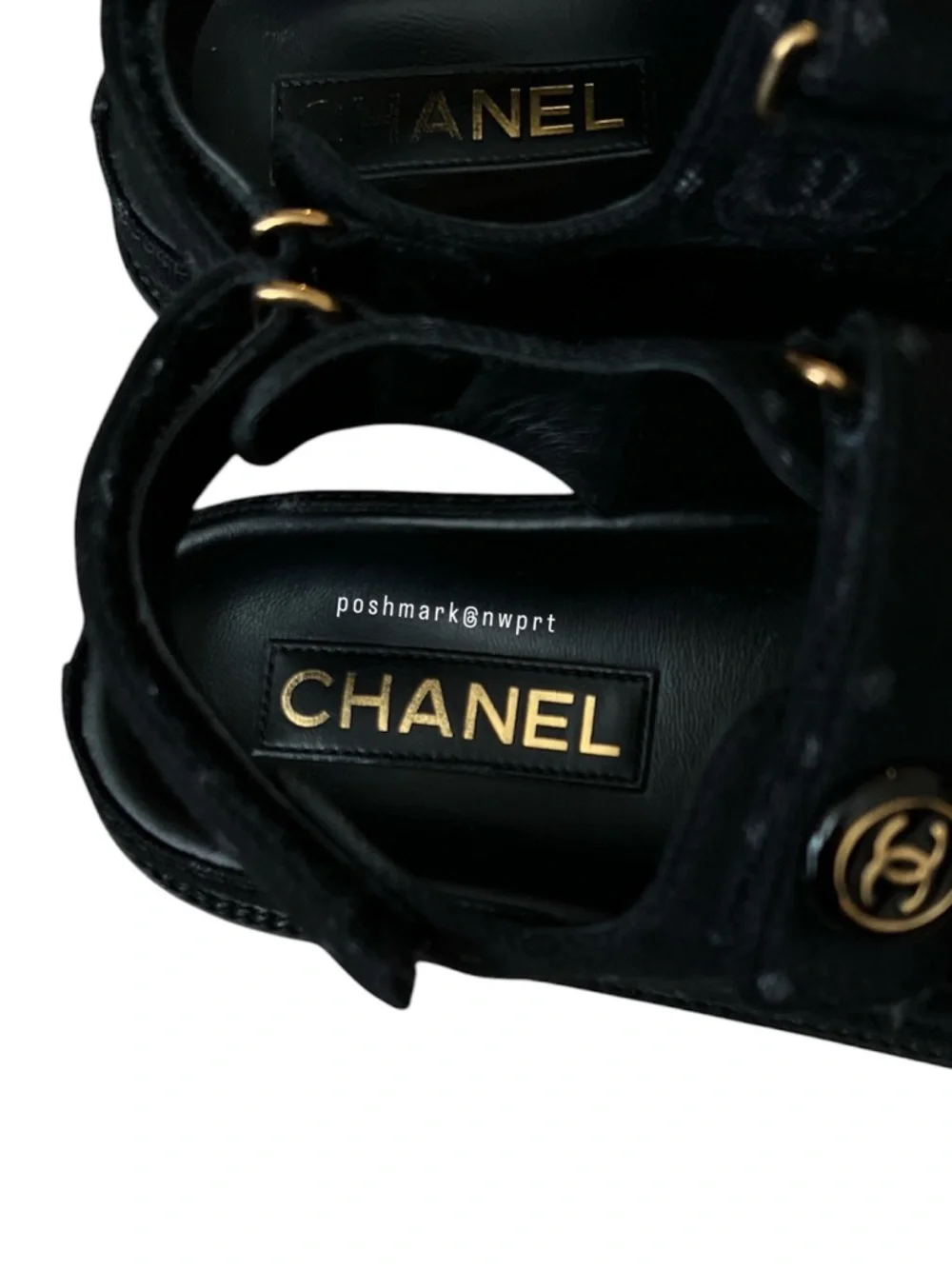 CHANEL CC Logo Dad Sandals Black Denim Polka Dot 36.5 7 - Picture 4 of 10